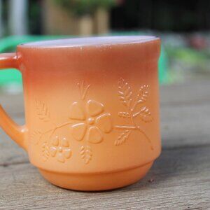 2 Vintage Burnt Orange Ombre Flower Embossed Milk Glass